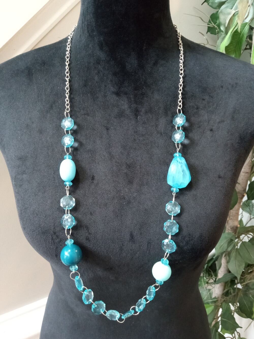 Long Turquoise Beaded Necklace Blue Glass Beads Silver Tone Boho Statement Set